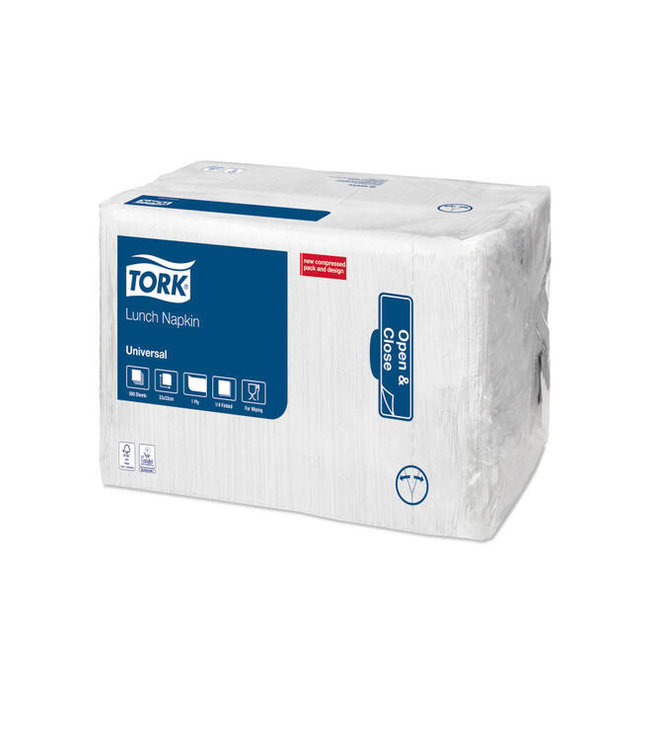 Tork Lunchservet Universal, 1-laags, wit, 33x33cm, ¼-vouw, 8x500st, 4.000st/doos