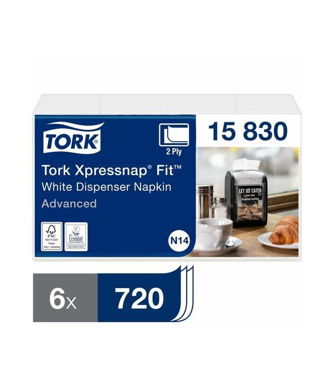 Tork Xpressnap Fit® dispenserservet Advanced, 2-laags, wit, 21,3x16,5cm, 6x120st, 4320st/doos