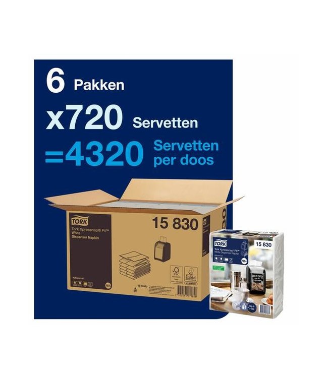 Tork Xpressnap Fit® dispenserservet Advanced, 2-laags, wit, 21,3x16,5cm, 6x120st, 4320st/doos