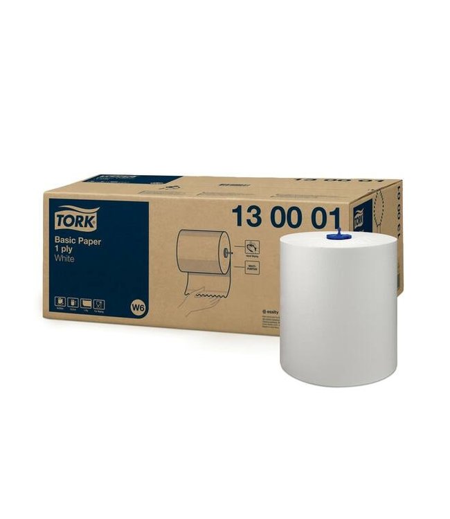 Tork Basic rol Poetspapier, 1-laags, wit, 250mtr/19,5cm, 6st/doos