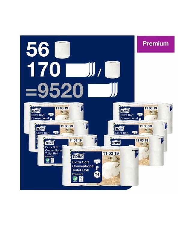 Tork Extra Zacht Traditioneel Toiletpapier Premium, 3-lgs, 19mtr/10cm, 155vel/rol, 7x8rol, 56rol/pak