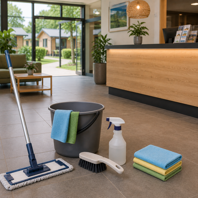 Reinigingsmaterialen voor receptie en gemeenschappelijke ruimten bij een recreatiepark