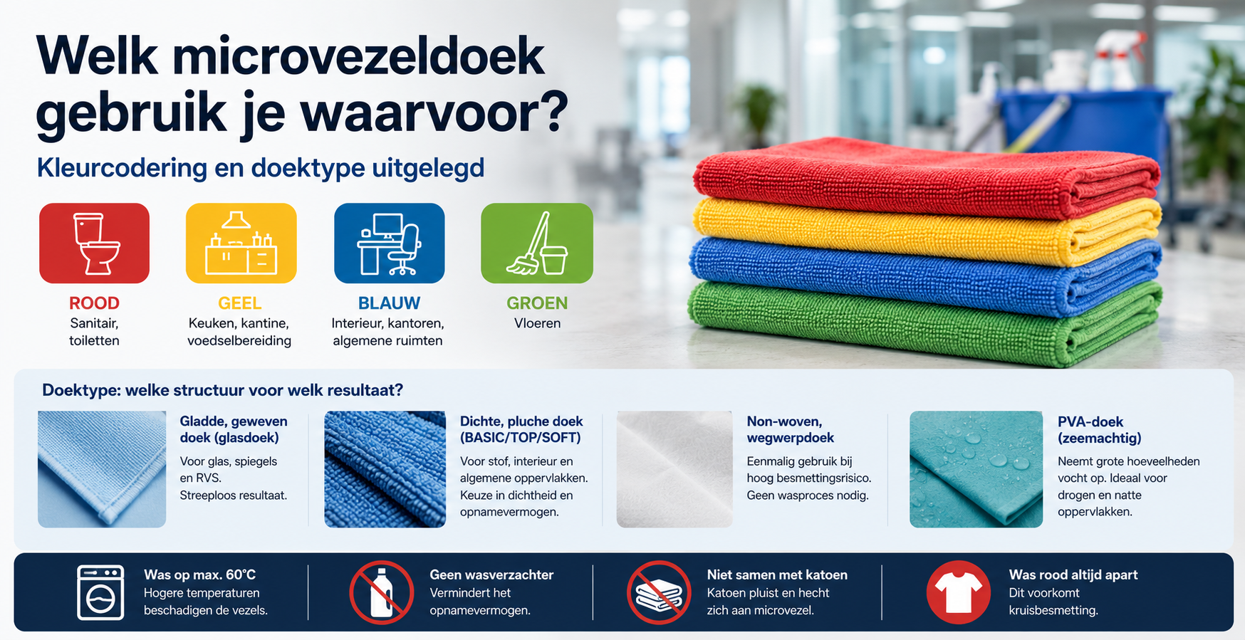Welk microvezeldoek gebruik je waarvoor? Kleurcodering en doektype uitgelegd