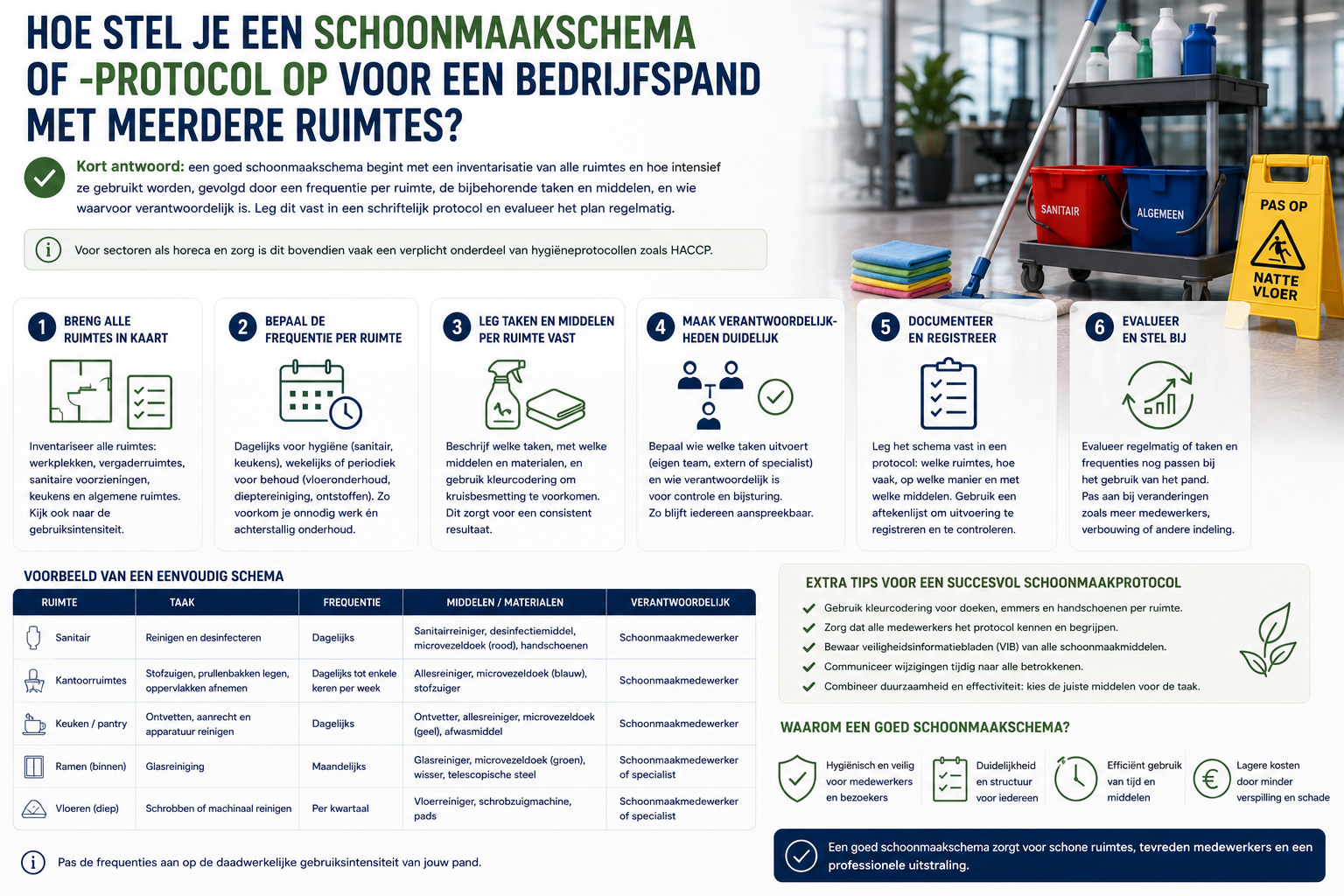 Hoe stel je een schoonmaakschema of protocol op voor een bedrijfspand met meerdere ruimtes?