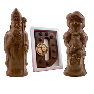 Chocolade set XXL, Sint & Piet & letter 750 gram met foto of logo