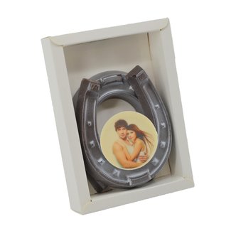 Chocolade set hoefijzers 10 cm zilver met foto