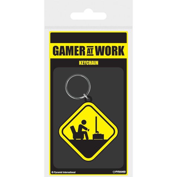 Gamer At Work Caution Sign - Keychain