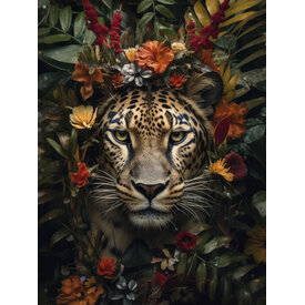 Leopard With Flowers - Art Print