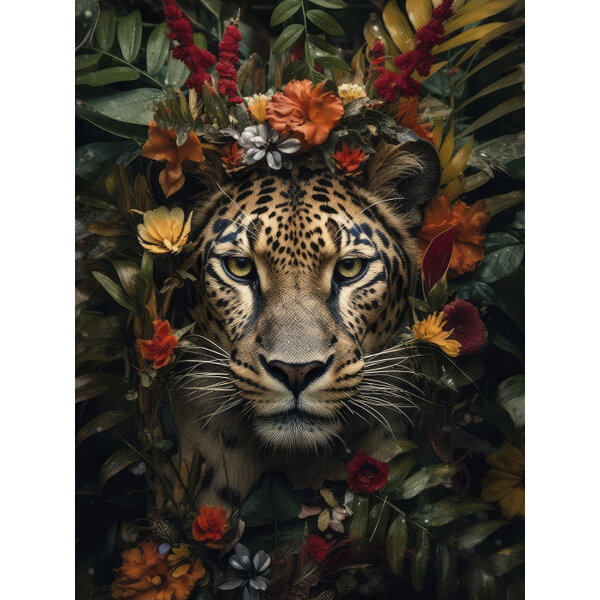 Leopard With Flowers - Art Print