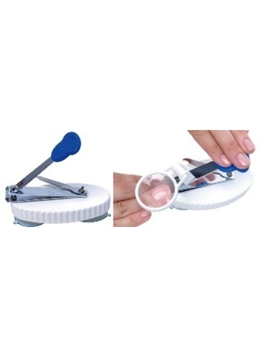Nail clippers on suction cups with magnifying glass