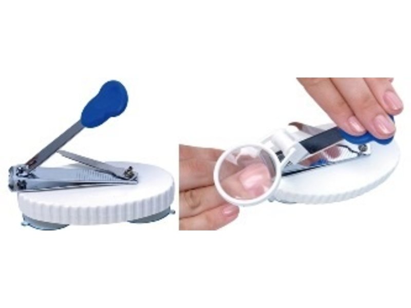 Nail clippers on suction cups with magnifying glass