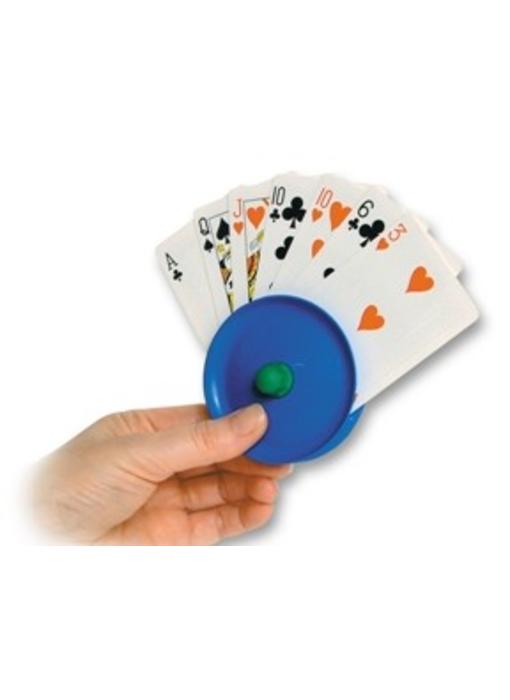 Playing card holder around plastic in hand