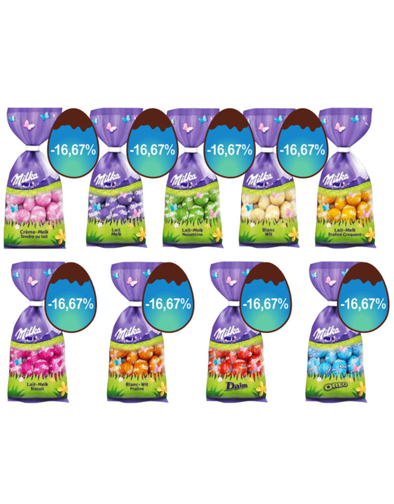 Milka sachet œufs 81gr (toutes les saveurs disponibles)