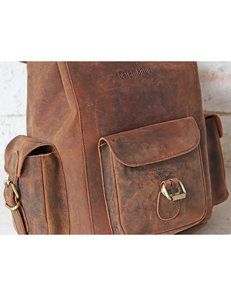 Scaramanga Großer Büffel Lederner Rucksack Retro Vintage