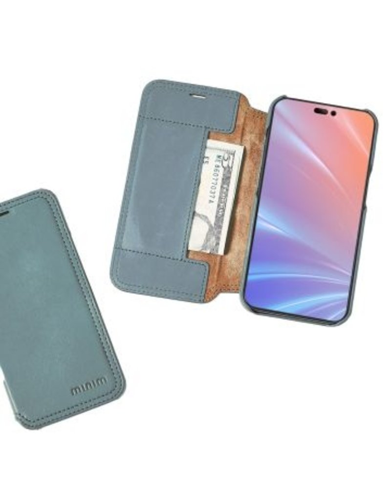 Minim Leder Handyhülle Für iPhone 14 Pro Bookcase Blau