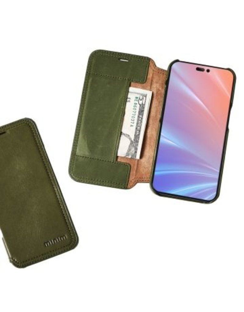 Minim Leder Handyhülle Für iPhone 14 Pro Max Bookcase Olive