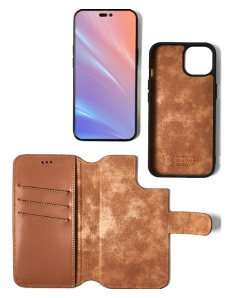 Minim Leder Handyhülle  iPhone 14 Plus  2 in 1 Wallet Case Cognac