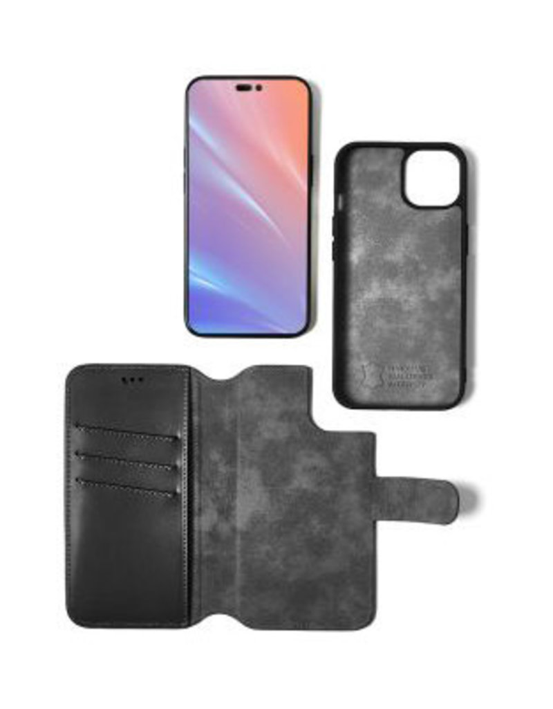 Minim Leder Handyhülle  iPhone 14 2 in 1 Wallet Case Schwarz