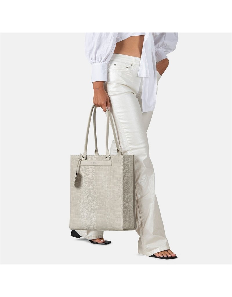 Burkely Leder Damen Arbeitstasche Shopper Croco Off White