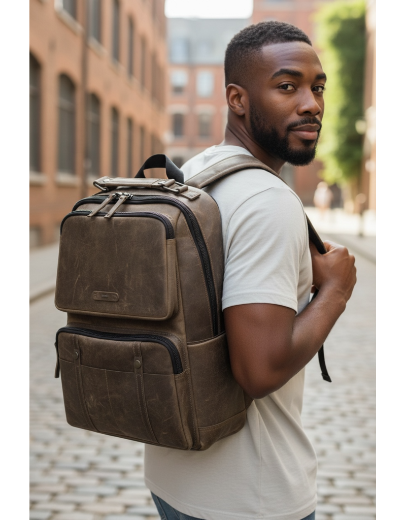 Berba 15,6 Zoll Rindleder Rucksack Laptoptasche Olivgrün