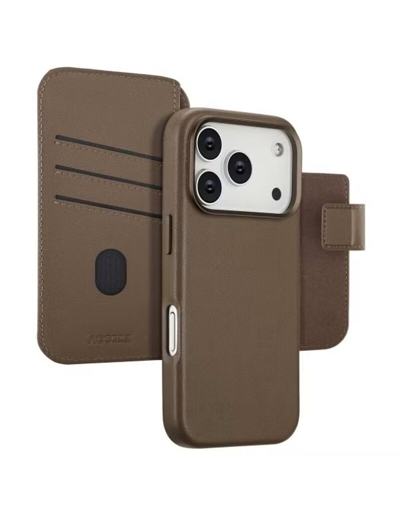 Accezz iPhone 17/Pro/Pro Max/Air Leder-Bookcase 2-in-1 mit MagSafe – Braun