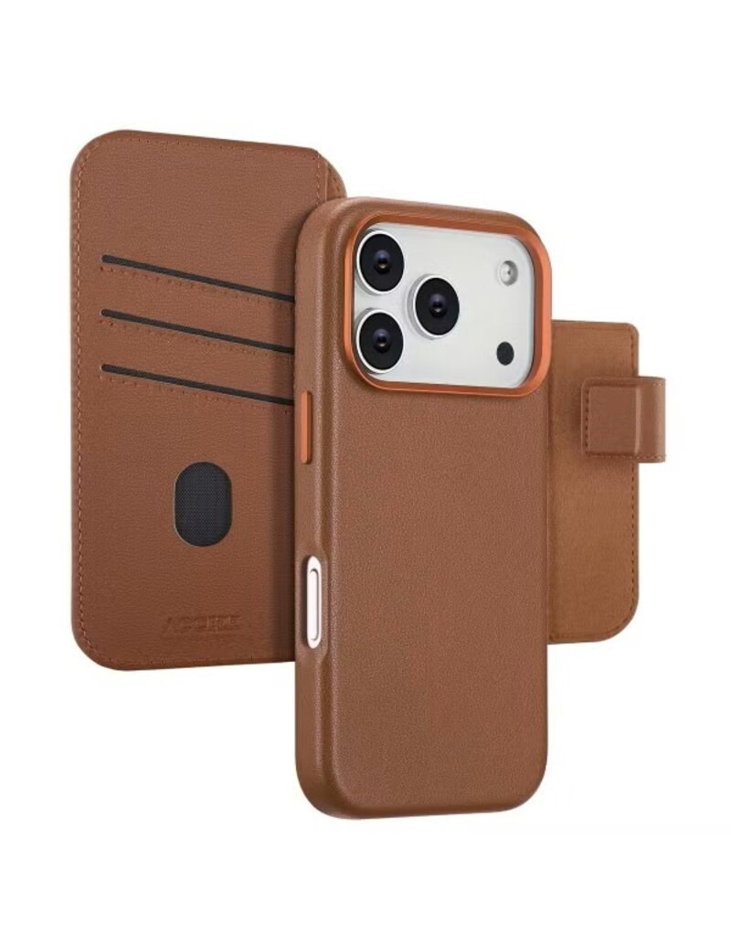 Accezz iPhone 17/Pro/Pro Max/Air Leder-Bookcase 2-in-1 mit MagSafe –  Cognac