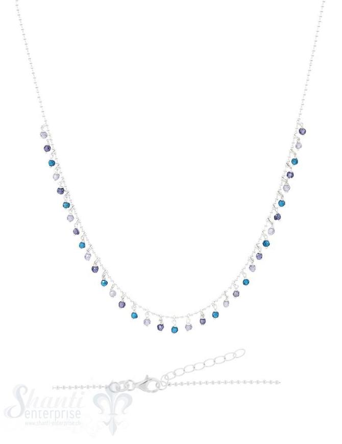 Halskette-Kügeli mit vielen Anhängern Zirkon gefärbt Blautöne 42-45 cm verstellbar