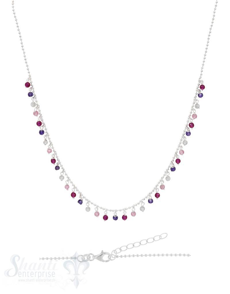 Halskette-Kügeli mit vielen Anhängern rosa-violett Zirkon gefärbt 42-45 cm verstellbar