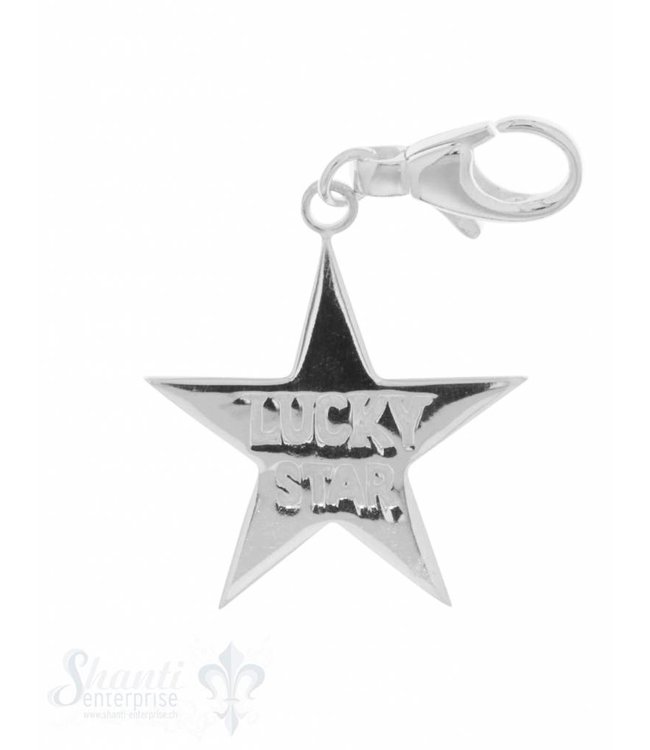Anhänger Silber hell Stern "Lucky Star" 29 mm glat t mit Karabiner