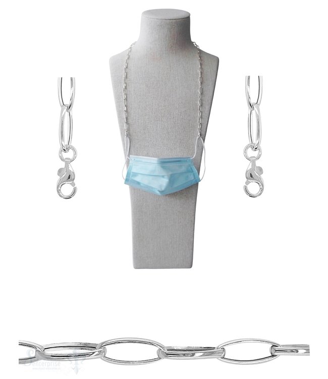 Brillen- oder Maskenkette 70 cm Silberkette oval 16x7 mm mit 2 Karabiner Silber und Gummischlaufen ca. 16 gr.