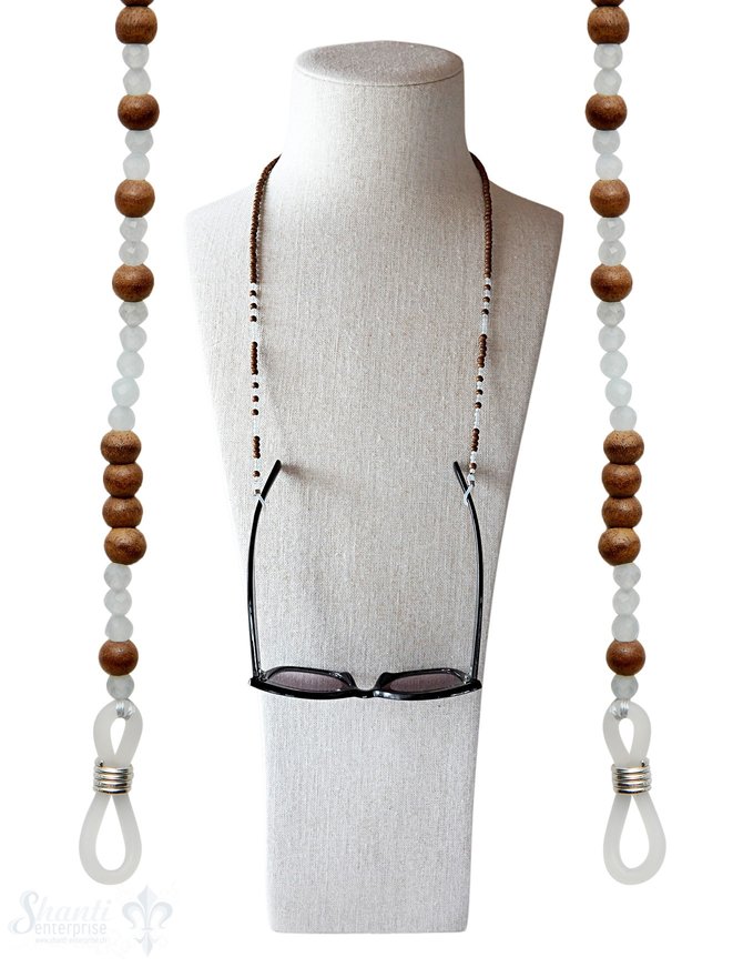 Brillenkette 70 cm Rosenholz mit Prehnit mit Gummischlaufen für Brille