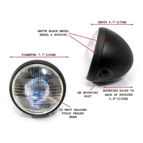 7.5 "phare chopper noir mat très grand
