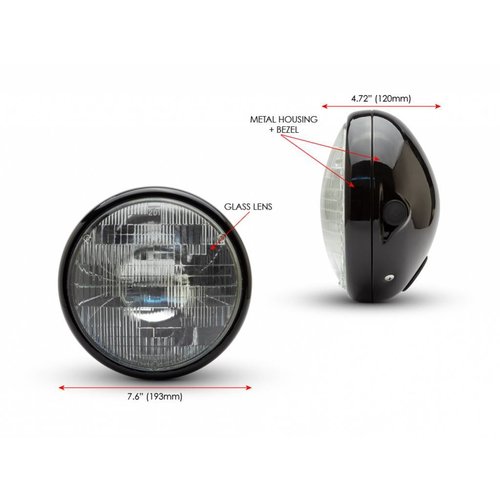 7" Gloss Black Shorty Metal Headlight - 12v / 55w Sealed Beam