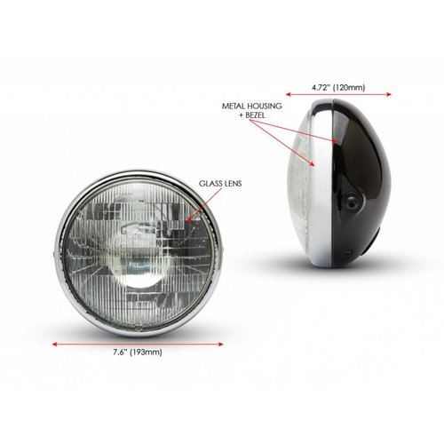 7 "Chrome/Zwart Shorty metalen koplamp - 12v / 55w sealed beam