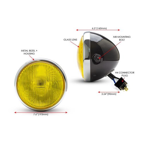 7 "Bobber Chrome / Black koplamp - gele lens