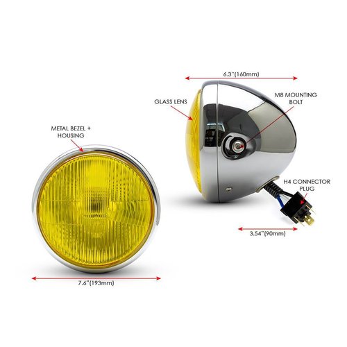 7" Bobber Headlight Chrome  - Yellow Lens