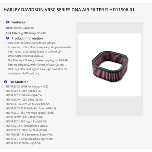 DNA Premium  Luftfilter für H-D VRSC Models 02-07 R-HD11S06-01