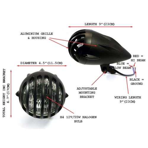 Max Inc 4.5 "Headlight Bird Cage Style Matt Black Bottom Mount