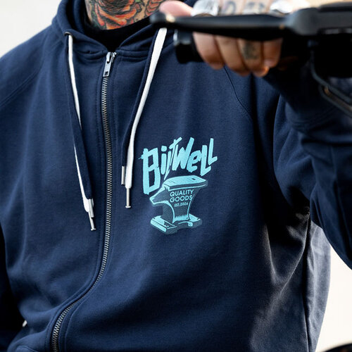 Biltwell Anvil Zip Hoodie Bleu - Coton Ring Spun léger 7.5oz avec trous pour les pouces