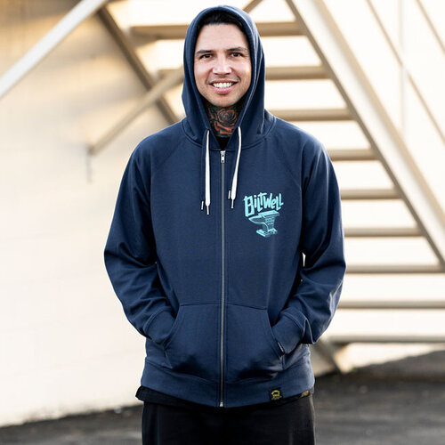Biltwell Anvil Zip Hoodie Bleu - Coton Ring Spun léger 7.5oz avec trous pour les pouces
