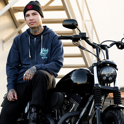 Biltwell Anvil Zip Hoodie Blue - Lightweight 7.5oz Ring Spun Cotton with Thumbholes
