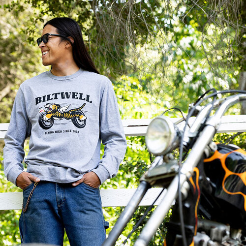 Biltwell Tiger Long Sleeve Graphite Shirt - 100% Pre-Shrunk Cotton, Regular Fit