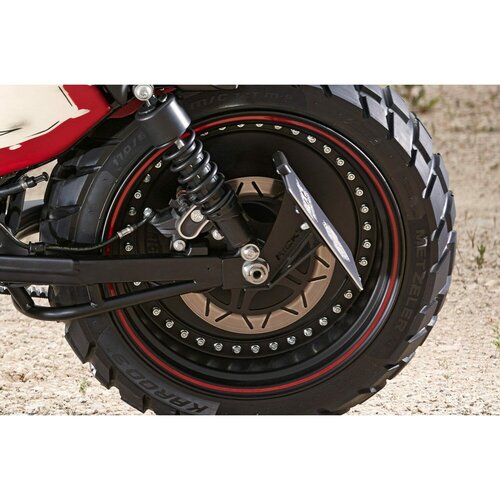 Rick's Motorcycles Kit Support de Plaque Latéral Court Noir - Support en Acier Inoxydable Noir Mat Thermolaqué avec Base Réglable, Éclairage LED et Matériel de Montage pour Plaques Suisses 18x14 cm