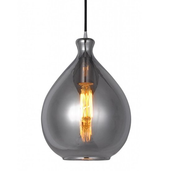 Fantasia Sonos glass pendant lamp, pear shape, smoked grey with matte black cord, Ø23cm, height 120cm, E27 fitting