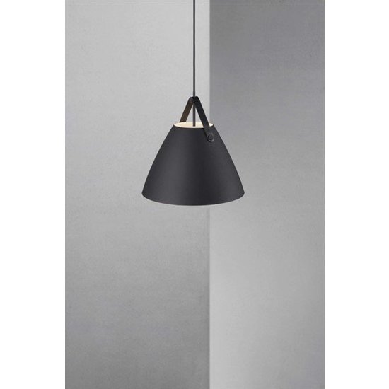 Nordlux Strap 36 pendant lamp black, 36 cm metal shade, black or brown leather strap, E27 socket, 300 cm cable