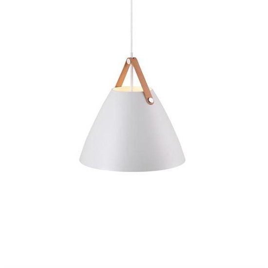 Nordlux Strap 36 pendant lamp black, 36 cm metal shade, black or brown leather strap, E27 socket, 300 cm cable