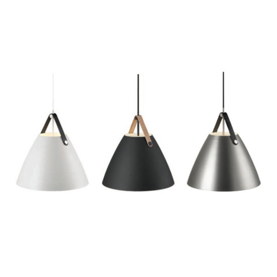 Nordlux Strap 36 hanglamp zwart, metalen kap 36 cm Ø, leren ophangriem zwart of bruin, E27 fitting, kabel 300 cm
