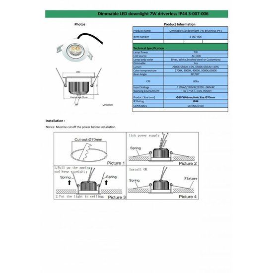 Spot encastrable LED dimmable 7W IP44