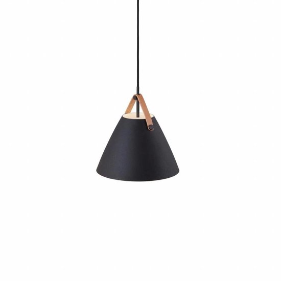 Nordlux Lámpara colgante Strap 27 escandinava negra, metal y cristal, Ø27 cm, correa de cuero, casquillo E27