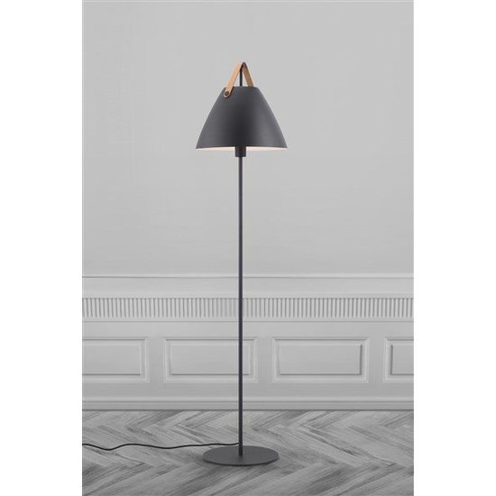 Nordlux Strap floor lamp by Nordlux, white metal, 360 mm shade, E27 socket, leather strap, IP20